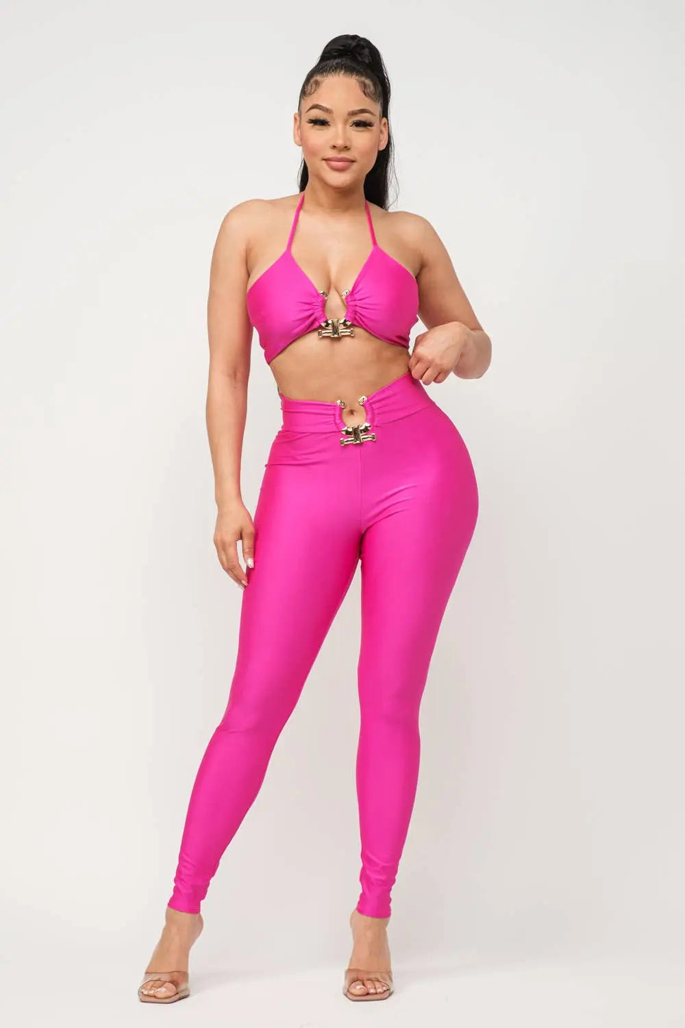 Front U-Ring Trim Bra Top And Leggings Set