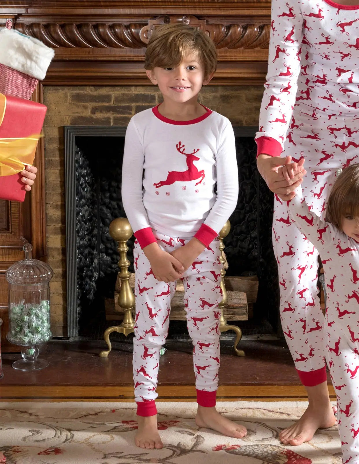 Kids Two Piece Cotton Pajamas Red & White Reindeer Christmas
