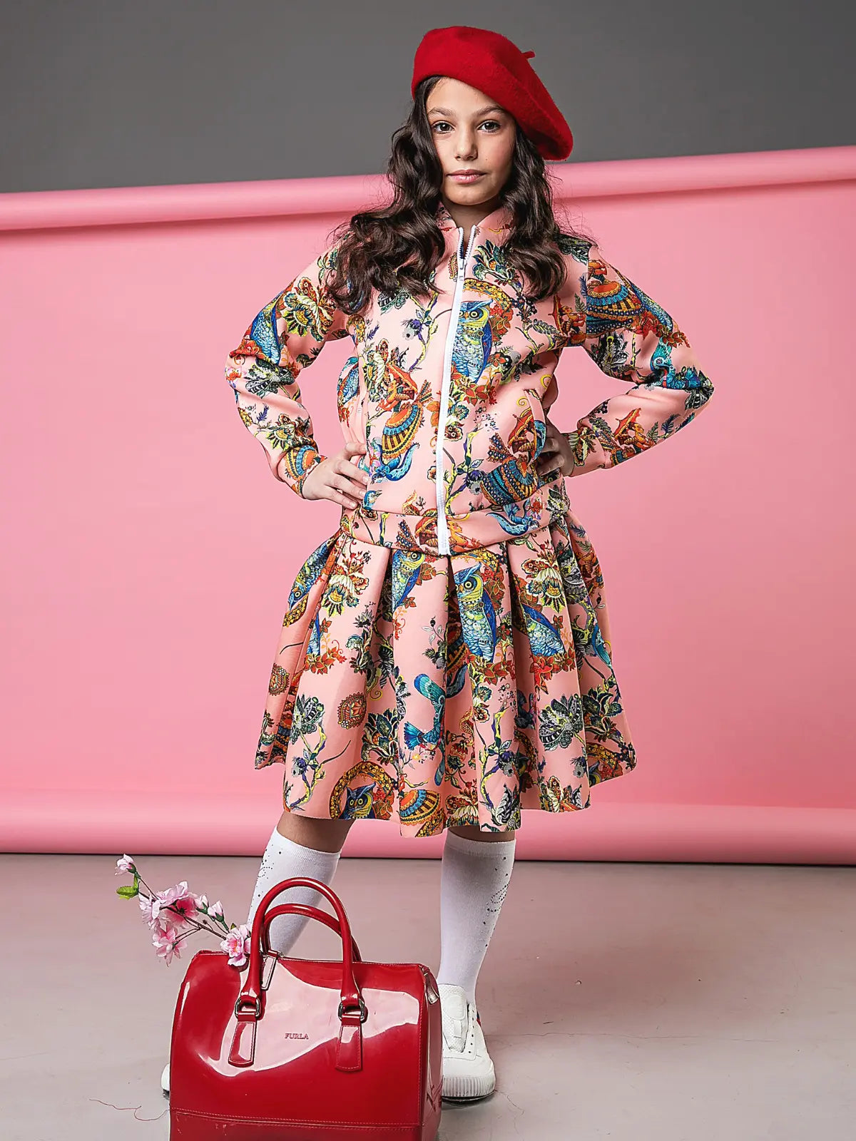 Girls Botanical Owl Coral Pleated Skirt By Kids Couture