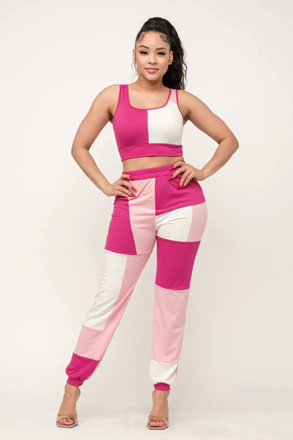 Color Block Tank Top And Waistband Pants Set