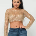 Mesh Pearl Beaded Sequin Detail Long Sleeve Top