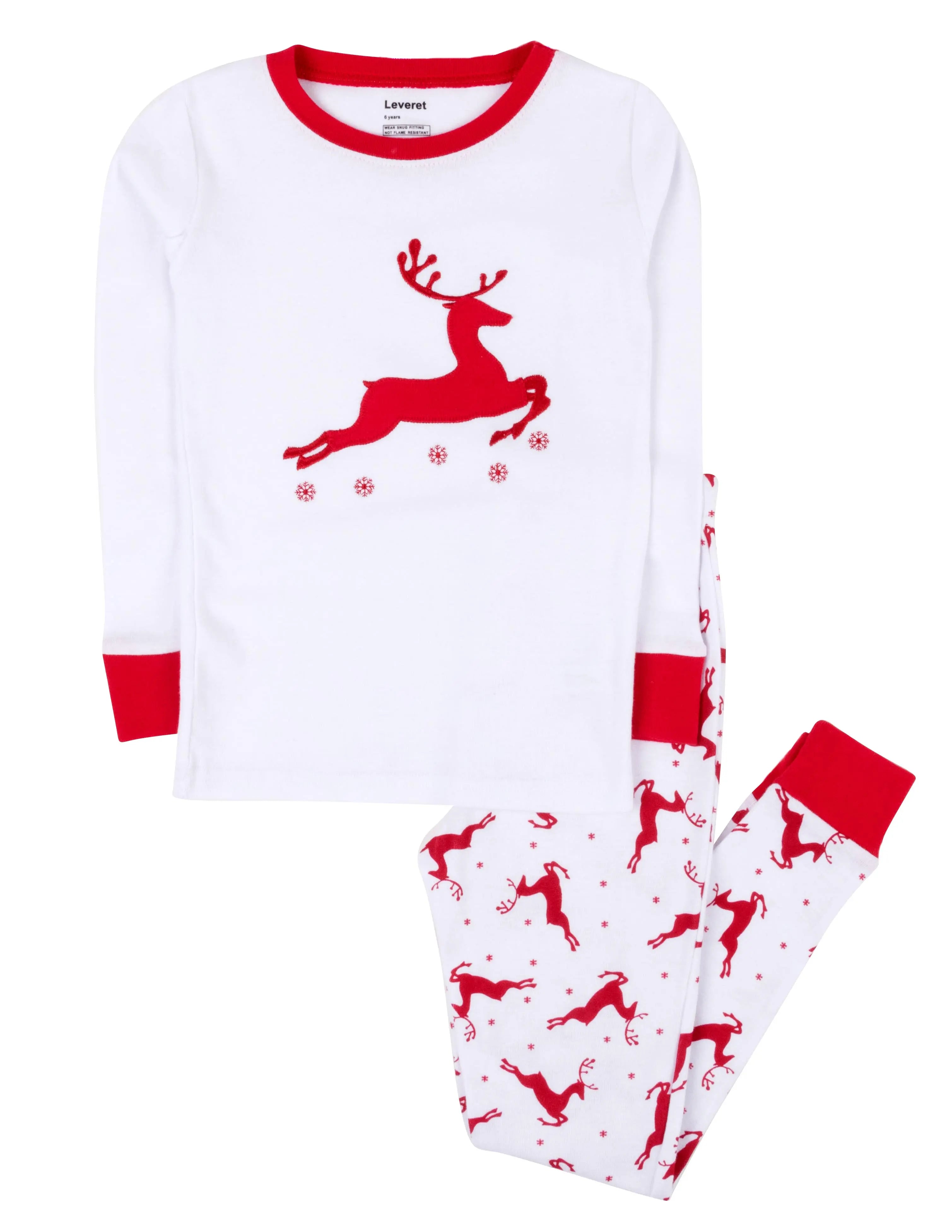 Kids Two Piece Cotton Pajamas Red & White Reindeer Christmas