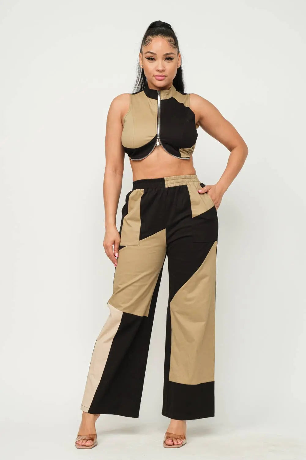 Color Block Front Zipper Top And Pants Set
