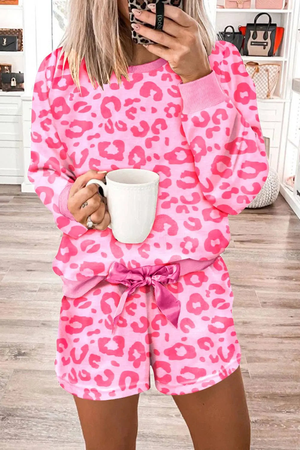 Pink Leopard Long Sleeve Satin Tie Shorts Two Piece Set