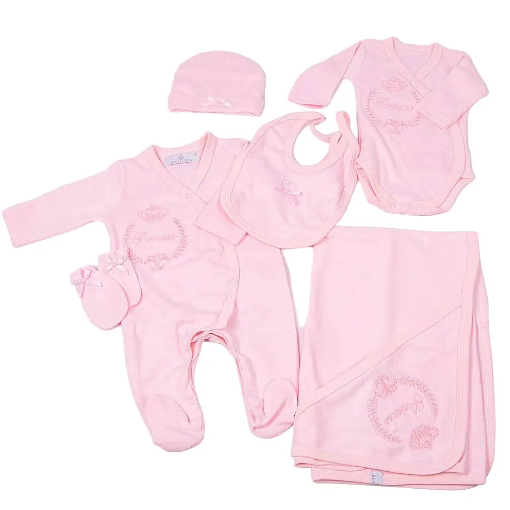 Six-piece soft cotton jersey babysuit set.