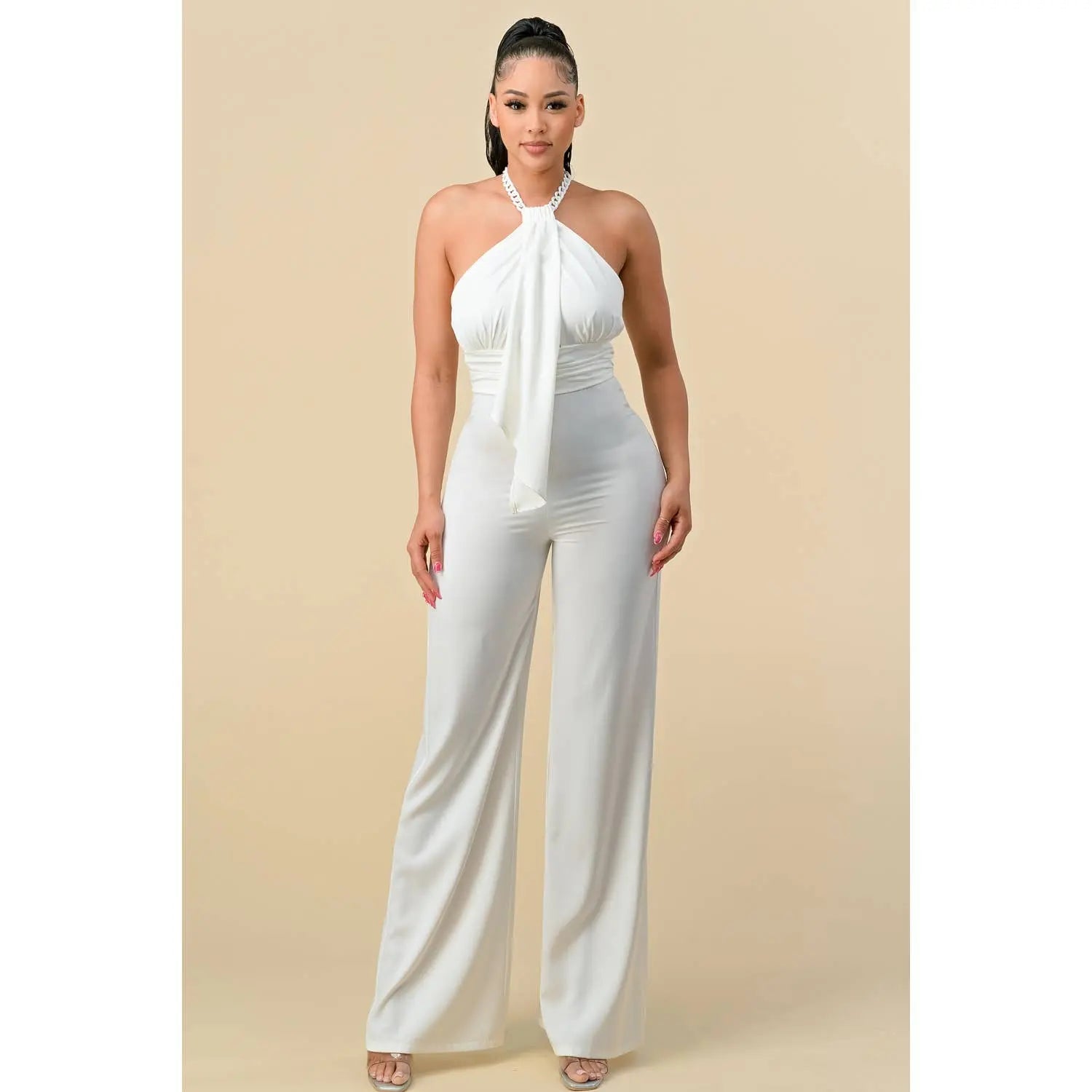 HALTERNECK RIBBON DETAIL CHAIN TRIM JUMPSUIT