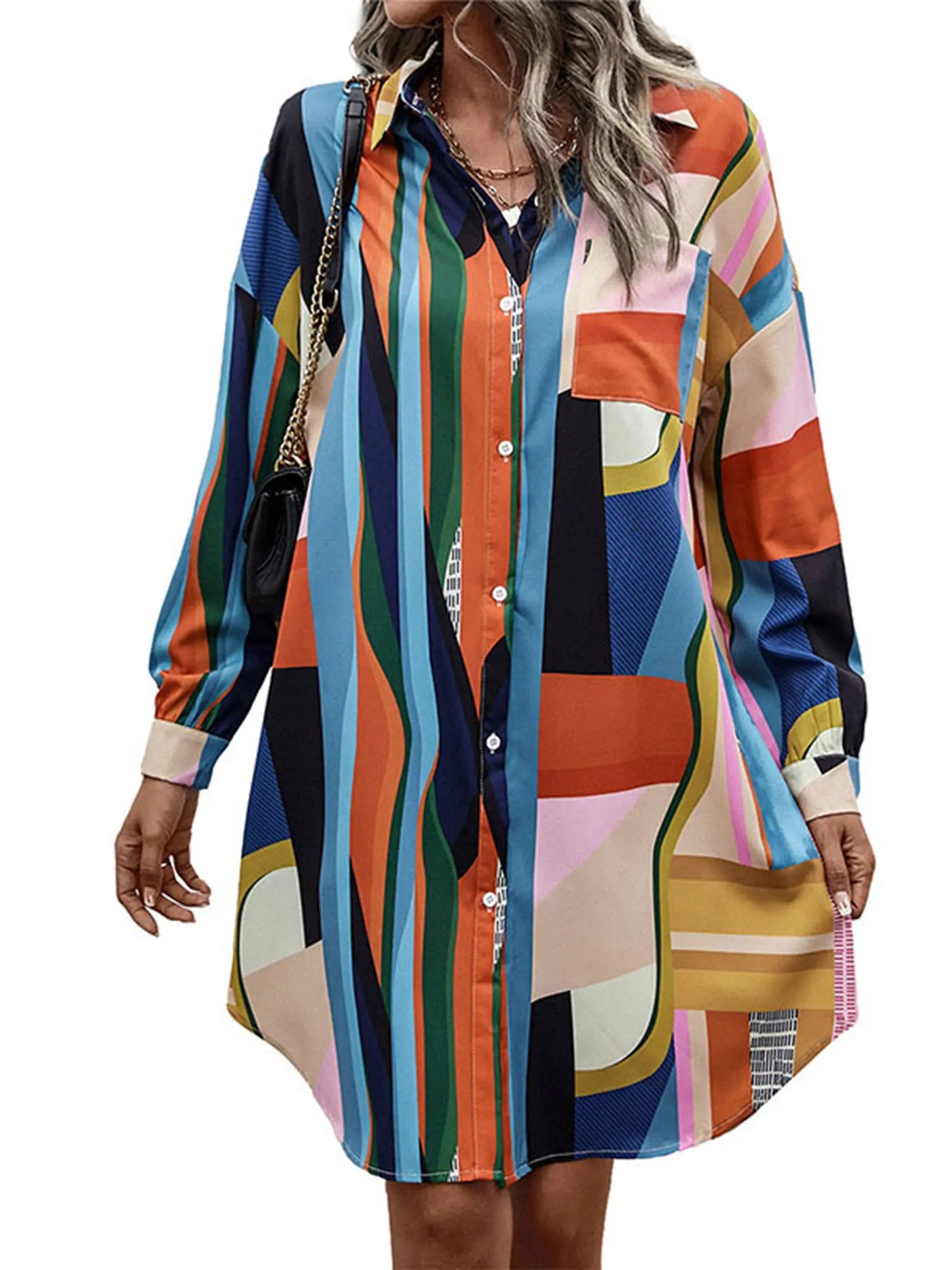 Long Sleeved Lapel Mid Length Cardigan Shirt Dress