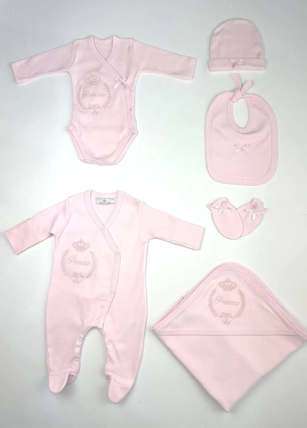 Six-piece soft cotton jersey babysuit set.