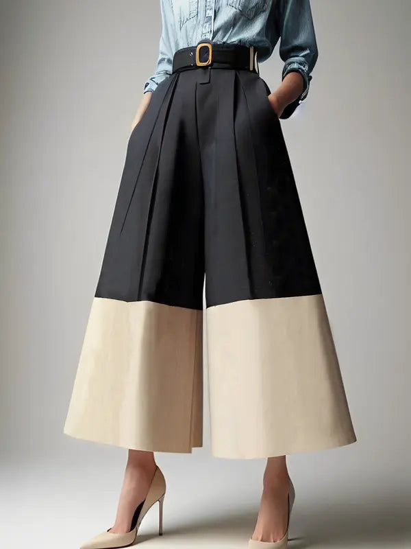 High Waisted Loose Contrast Color No Belt Pleated Pockets Pants Trousers