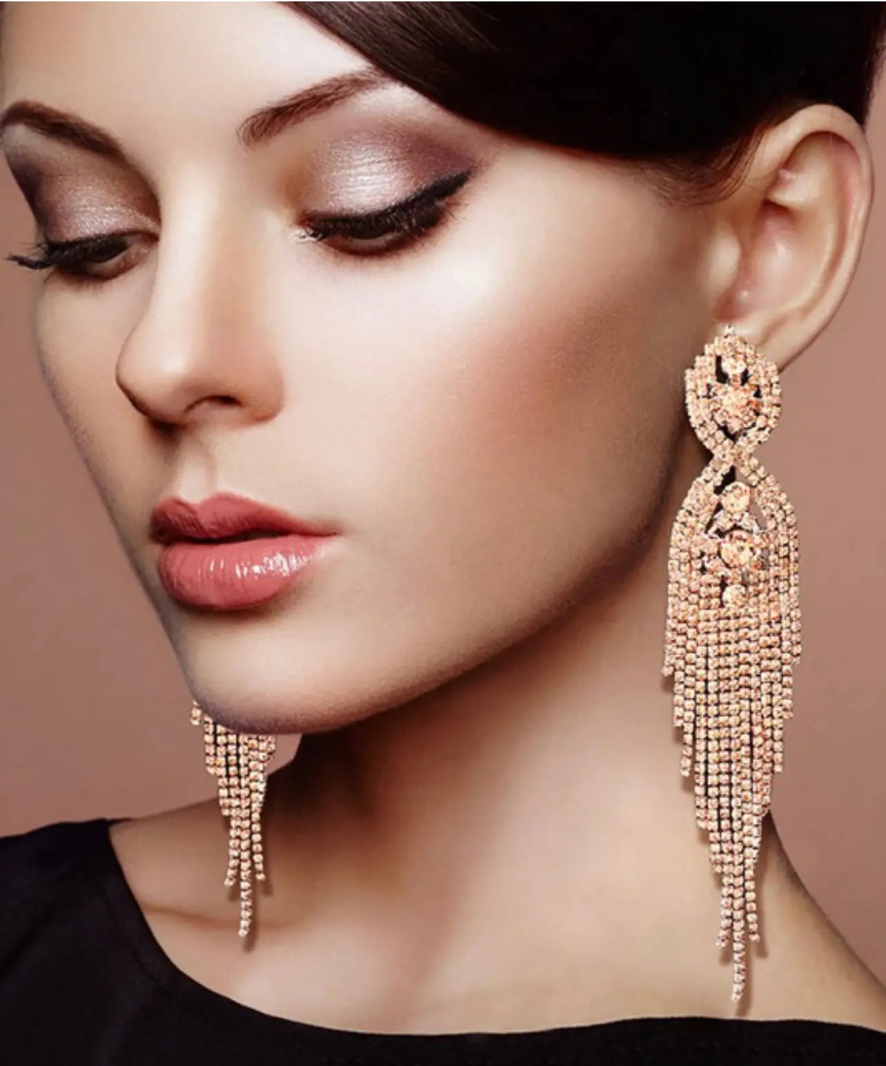 Rhinestone earrings, long clear crystal gold prom earrings, crystal rose gold dangle pageant earrings