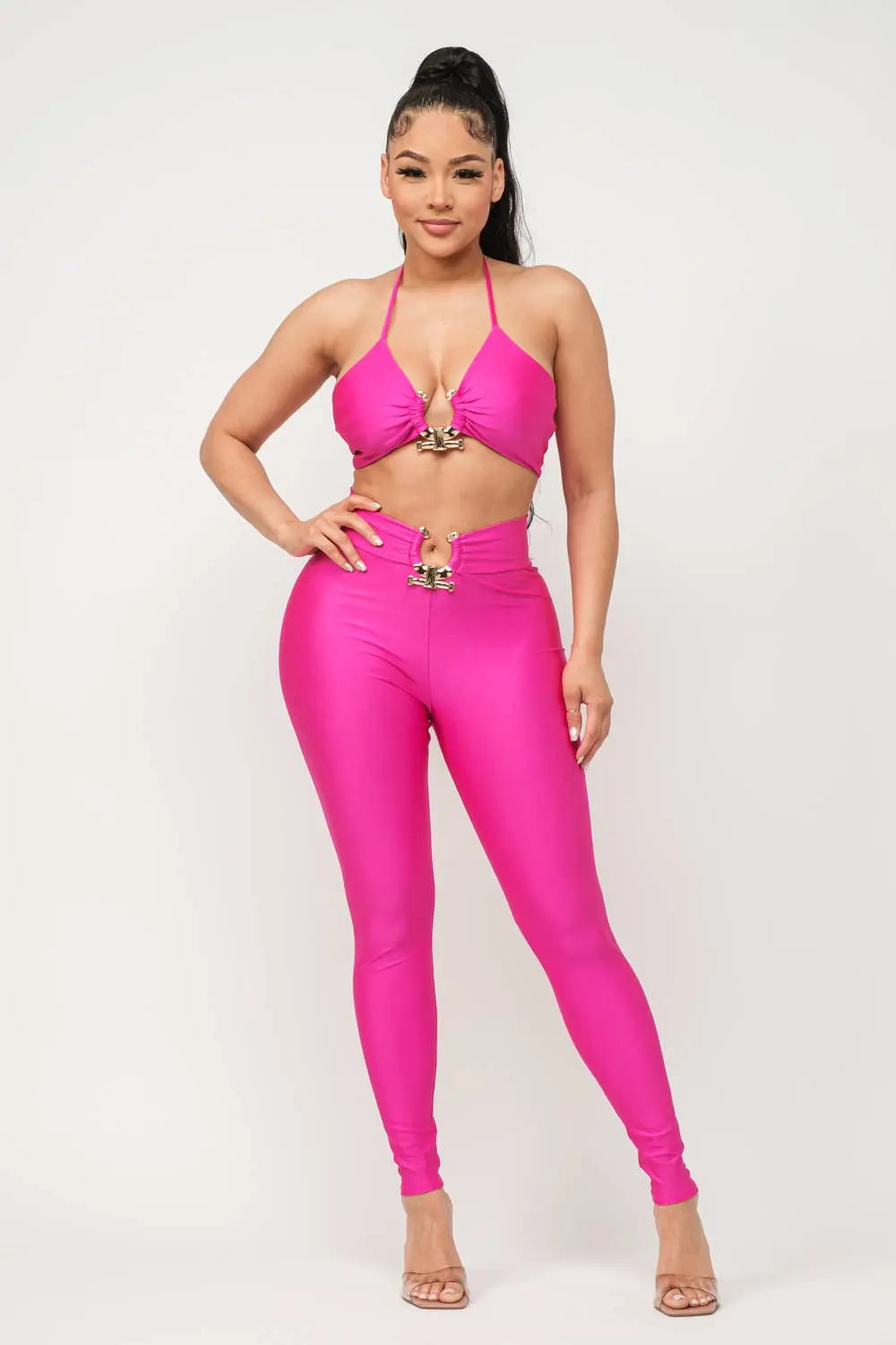 Front U-Ring Trim Bra Top And Leggings Set