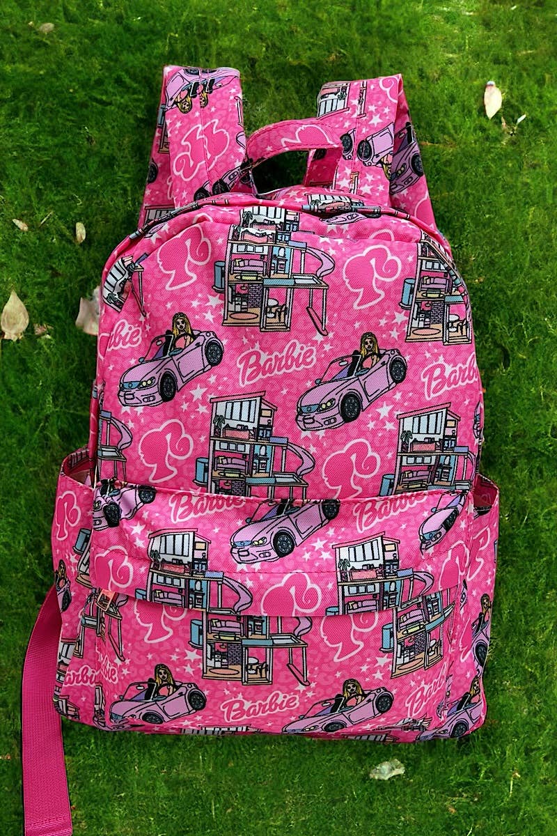 Pink Barbie with Car Printed Medium Size Kids Backpack
