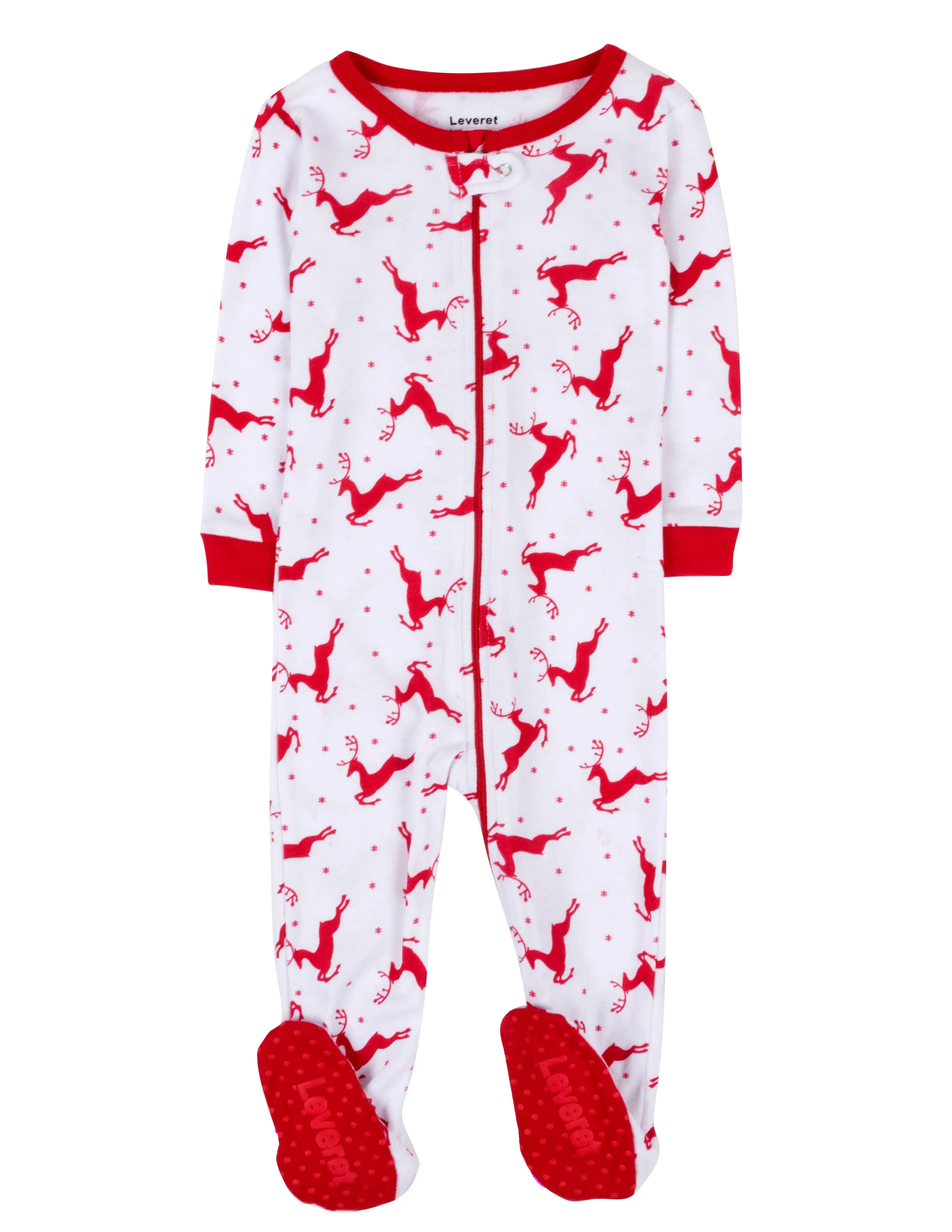 Kids Footed Cotton Pajama Red & White Reindeer for Christmas
