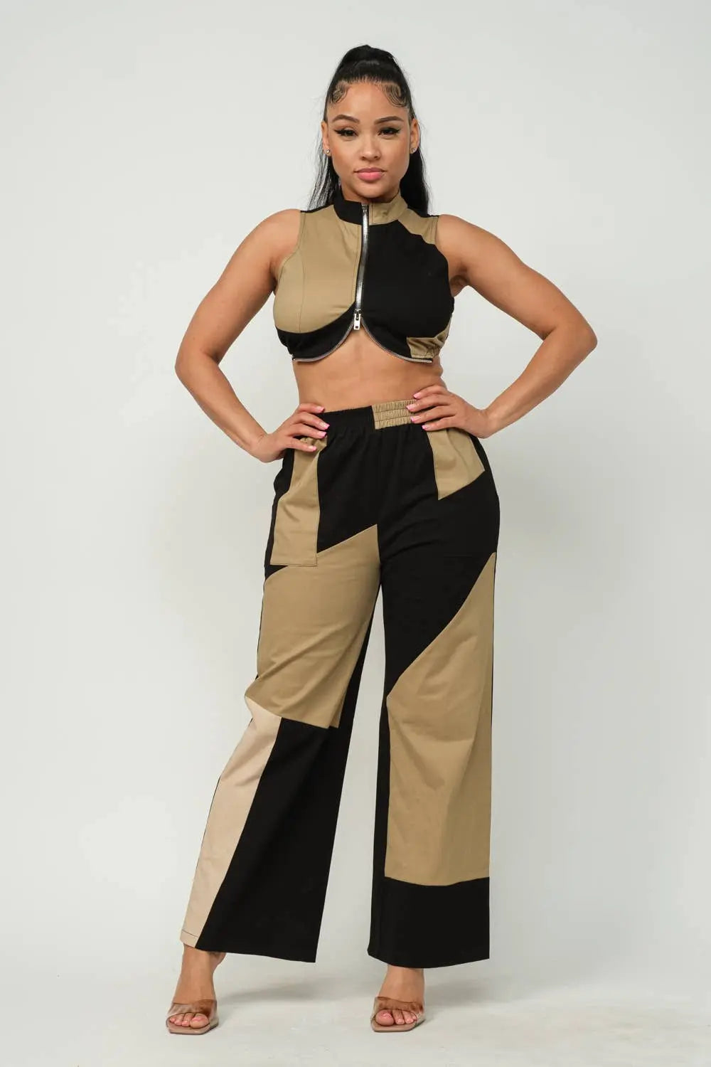Color Block Front Zipper Top And Pants Set
