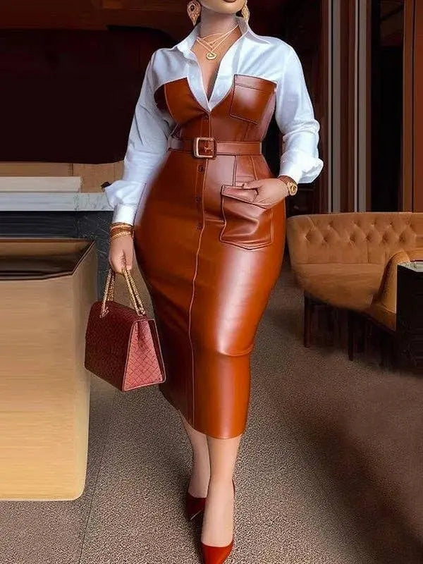 Long Sleeve Belted Split-Joint Lapel Dress