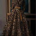 High Waisted Long Sleeves Bandage Leopard Pockets Stand Collar Maxi Dresses