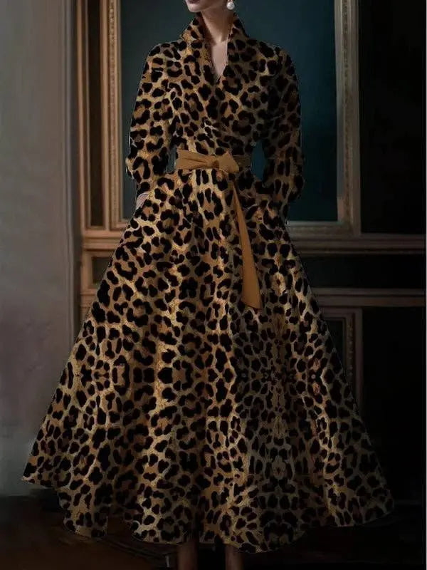 High Waisted Long Sleeves Bandage Leopard Pockets Stand Collar Maxi Dresses