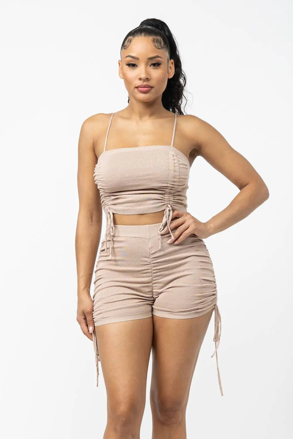 Shirring Tied Crop Top and Side Shirring Short Set